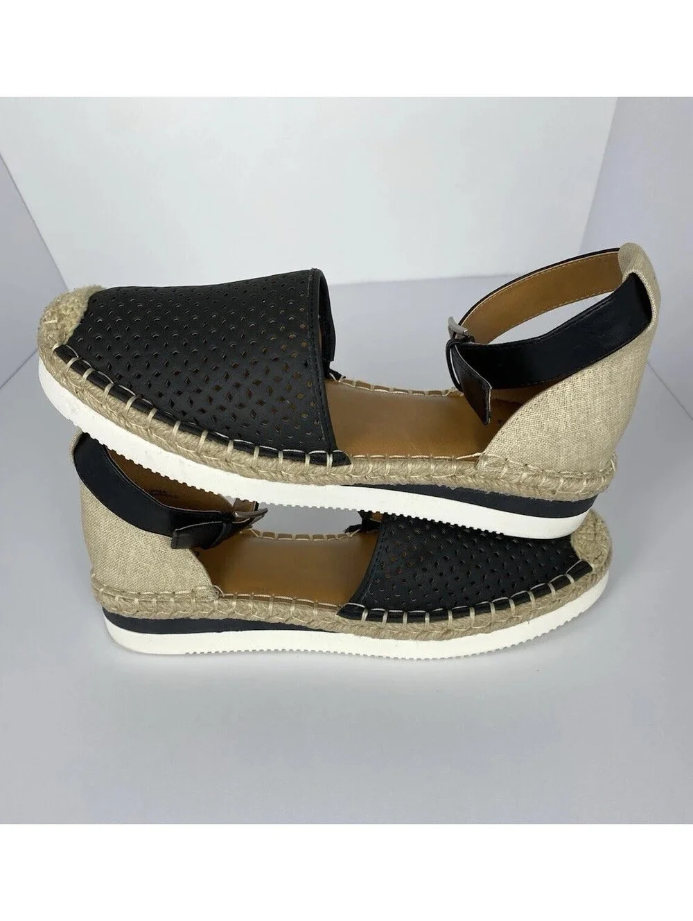 a.n.a Carrie Women's Sandals Size 8.5M Black Tan Espadrille Platform Ankle Strap